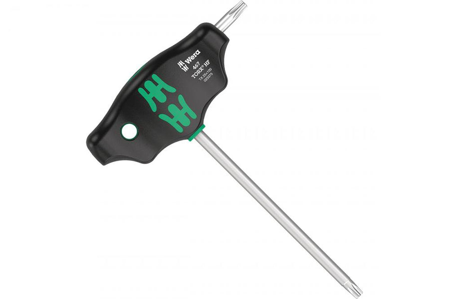 Wera 467 Torx HF Quergriff-Schraubendreher TX25 mit Haltefunktion, schwarzer Griff, silberner Schaft, auf weißem Grund.
