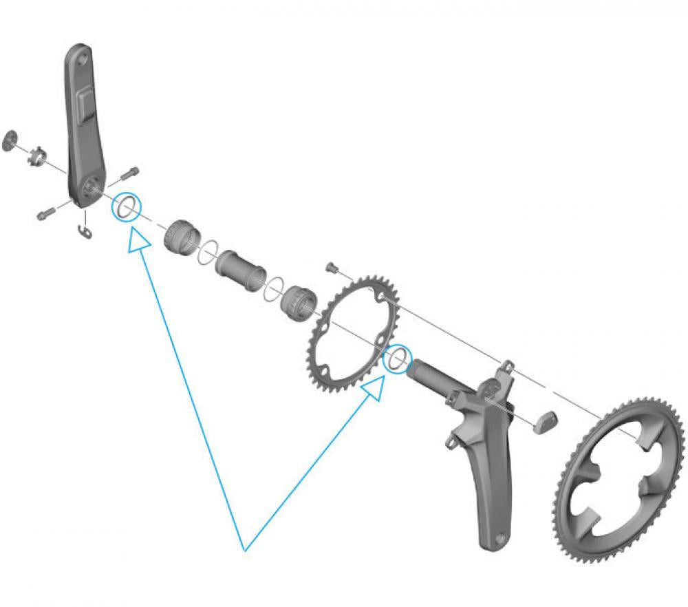 Explosionszeichnung einer Shimano Dura-Ace 12-fach Kurbelgarnitur FC-R9200 mit Kettenblatt-Spiderring.