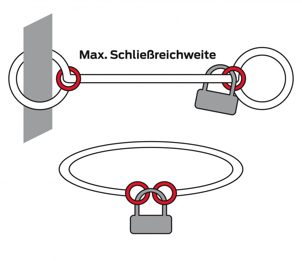Trelock Kettenschloss LC 680: Maximale Schließreichweite an festem Objekt und kompakte Ringschloss-Nutzung.