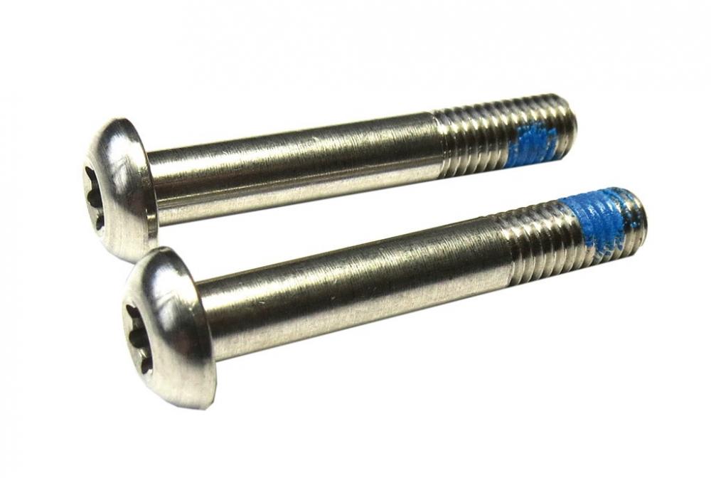 SRAM Flat Mount Bremssattel Schrauben Titanium, 42mm, mit Torx-Antrieb und blauem Gewindekleber.