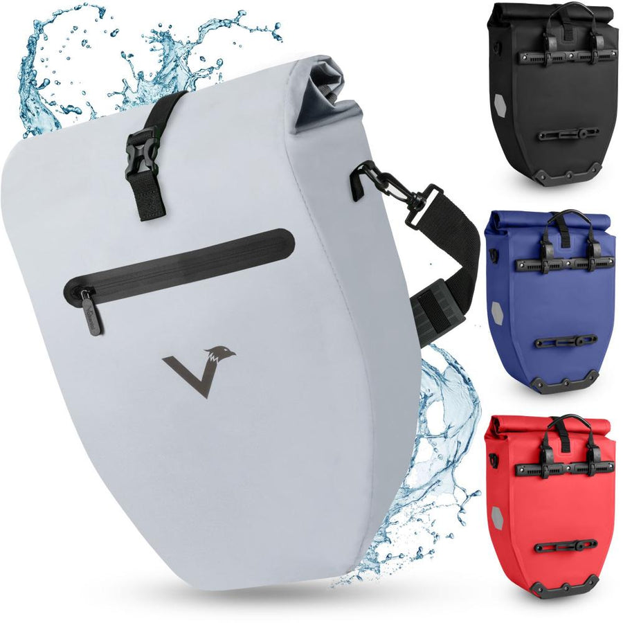 Valkental ValkBasic 28L wasserdichte Fahrrad-Gepäckträgertasche mit Reflektoren, 62x32x17 cm, 950g, Grau, 22-28L Volumen, inkl. Schulterriemen
