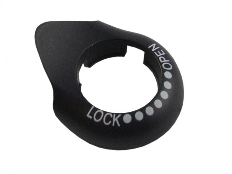 Schwarze SR-Suntour Abdeckkappe rechts für SF11-NCX-ELO-LITE-700C mit LOCK/OPEN Schriftzug und Punkten.