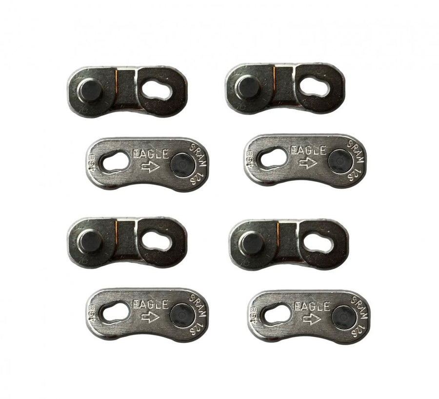 Acht silberne SRAM PowerLock Eagle 12-fach Kettenverschlüsse für Fahrradketten.