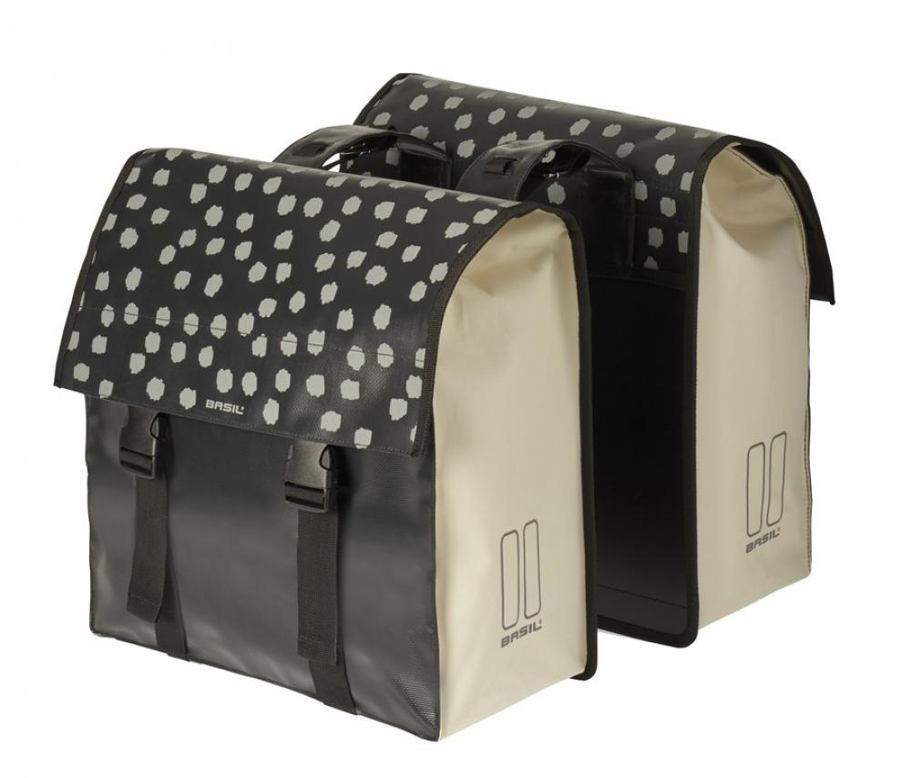 Wasserdichte Basil Urban Load DB Doppeltasche in Schwarz-Beige mit Punkten, 48l Volumen, 41x18x46 cm.