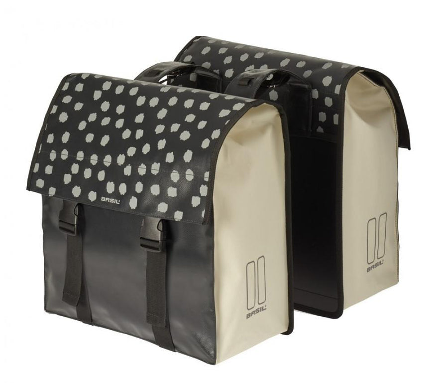 Wasserdichte Basil Urban Load DB Doppeltasche in Schwarz-Beige mit Punkten, 48l Volumen, 41x18x46 cm.