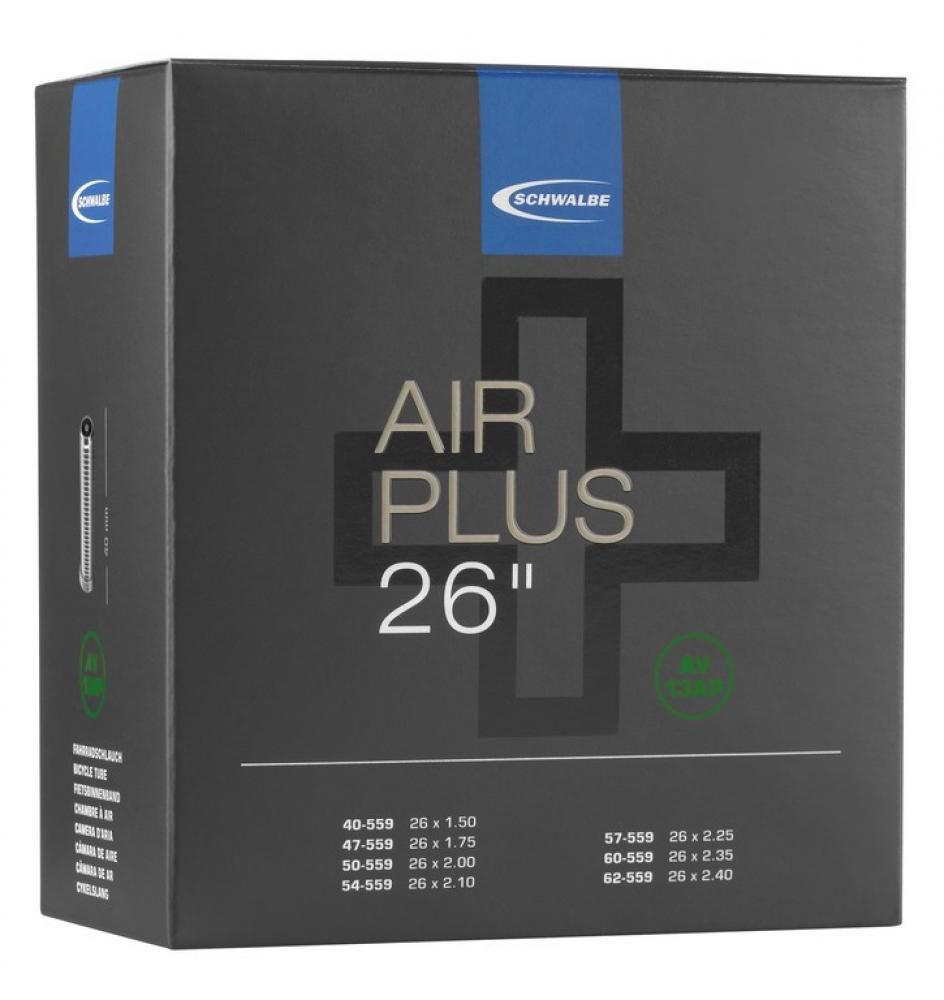 Schwalbe Air Plus 26 Zoll Fahrradschlauch Verpackung, Größen 40-559 bis 62-559, 40mm Ventil.
