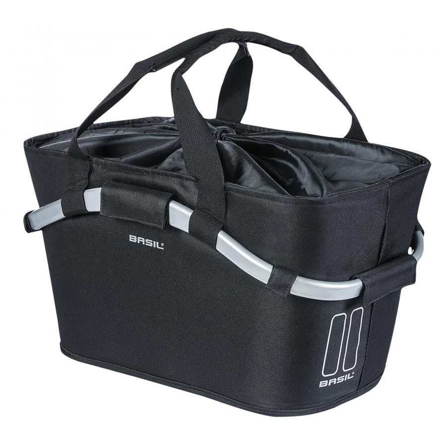 Schwarzer Basil Classic Carry All MIK 2.0 Gepäckträgerkorb, 22L, abnehmbar mit MIK-Adapterplatte.