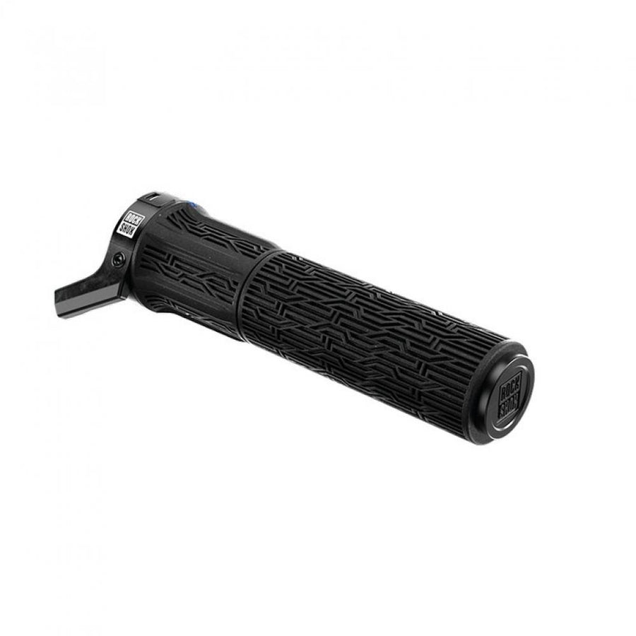 Schwarzer RockShox TwistLoc Ultimate Remote Full Sprint 2-Position Lenkergriff mit strukturierter Oberfläche.