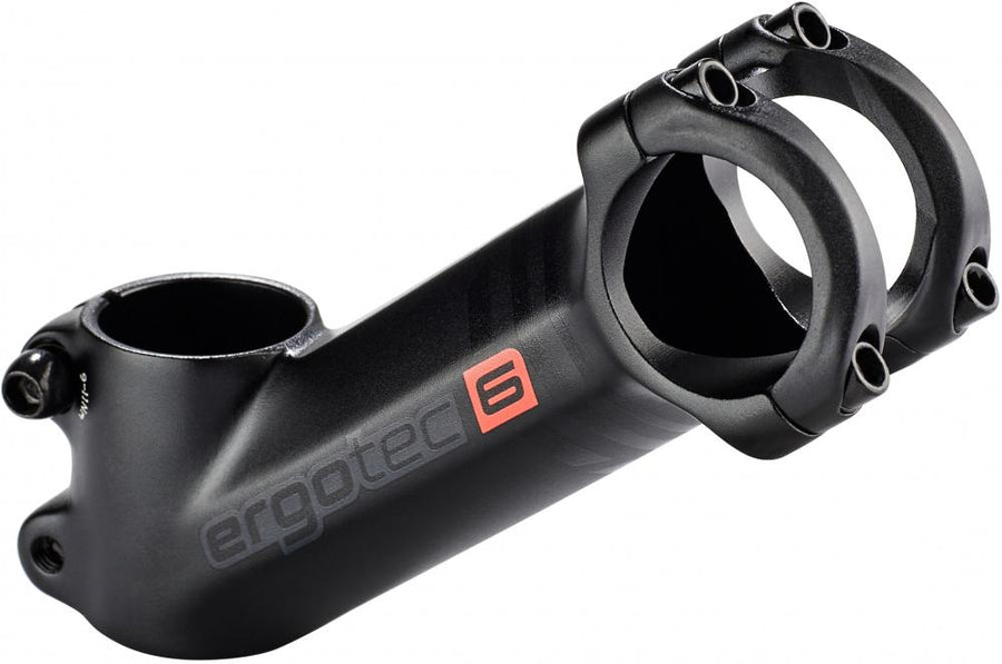 Schwarzer Ergotec AHEAD Vorbau High Piranha 2 31,8mm 110mm mit ergotec 6 Logo für Fahrräder.
