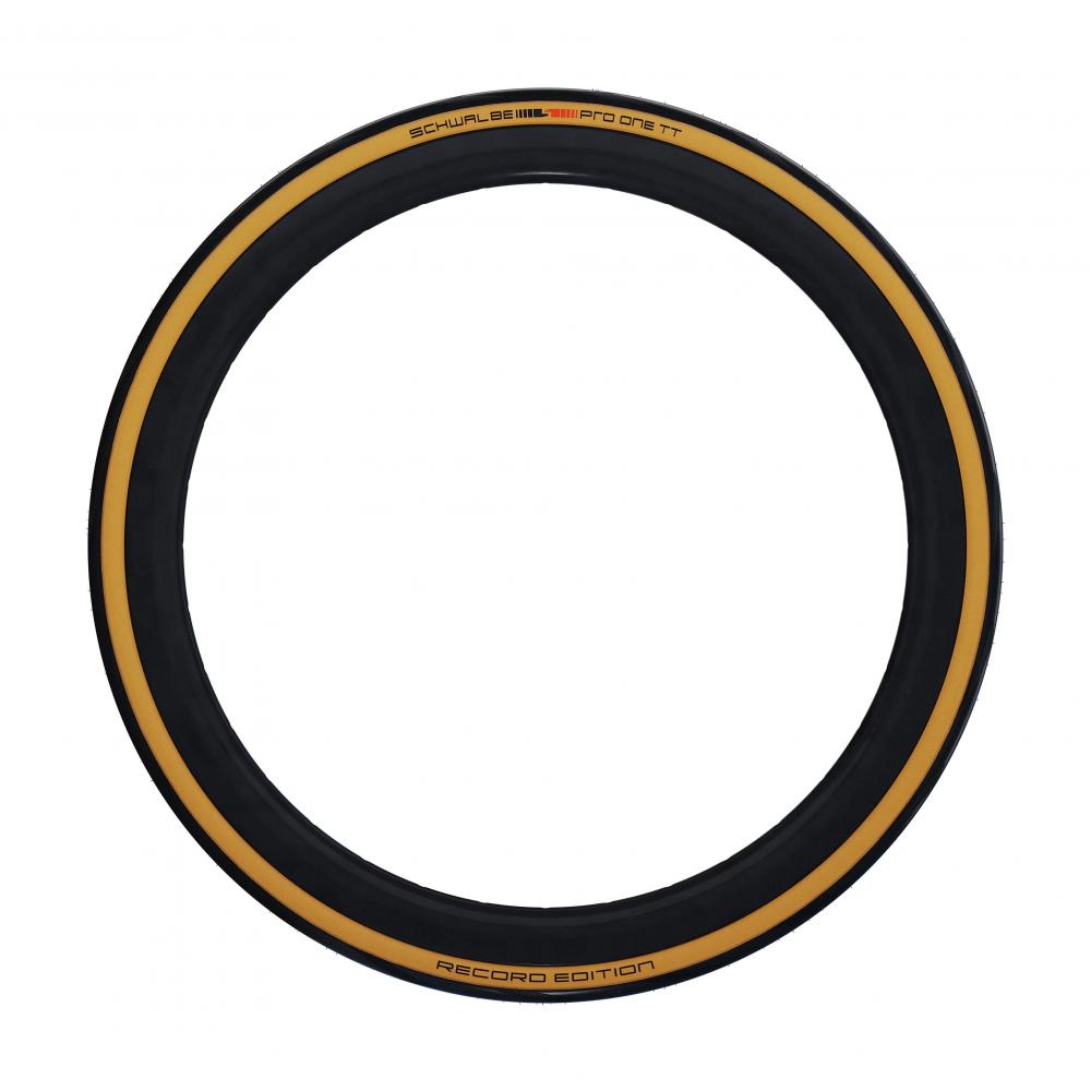 Schwalbe PRO ONE TT Faltreifen 700x25C Record Edition schwarz mit beiger Flanke.