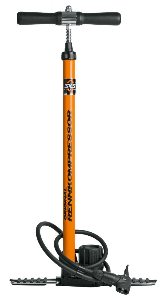 SKS Rennkompressor Fahrrad Standpumpe orange mit Multivalve-Kopf und Gussfuß.