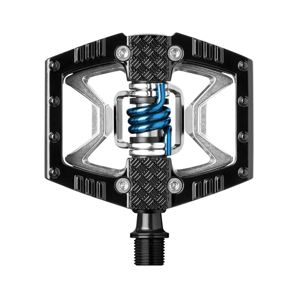 Crankbrothers Double Shot 2 Hybrid-Fahrradpedal schwarz-silber mit blauer Feder.