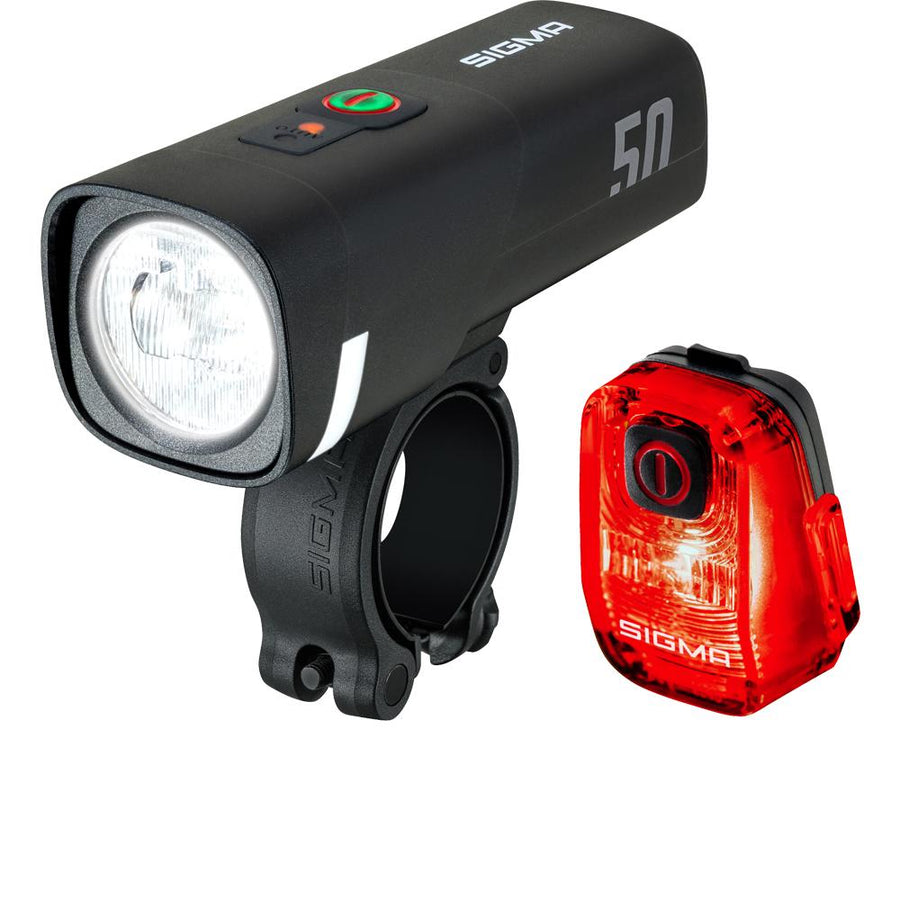 AURA Sigma Licht AURA 50 & HIRO 10 USB-C Akku-Beleuchtungsset Schwarz - 50 Lux Frontlicht - Fahrradbeleuchtungsset - StVZO-konform