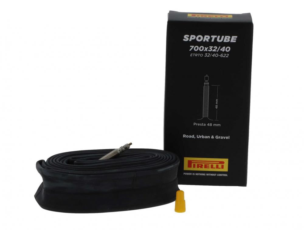 Pirelli SPORTUBE Rennradschlauch 28 Zoll, SV 48mm Presta, schwarz. Für Road, Urban & Gravel.