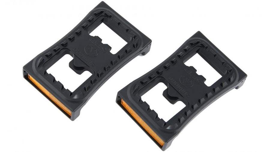 SHIMANO SM-PD22 Reflektorsatz für Fahrradpedale, schwarz mit orangefarbenen Reflektoren, für erhöhte Sichtbarkeit.