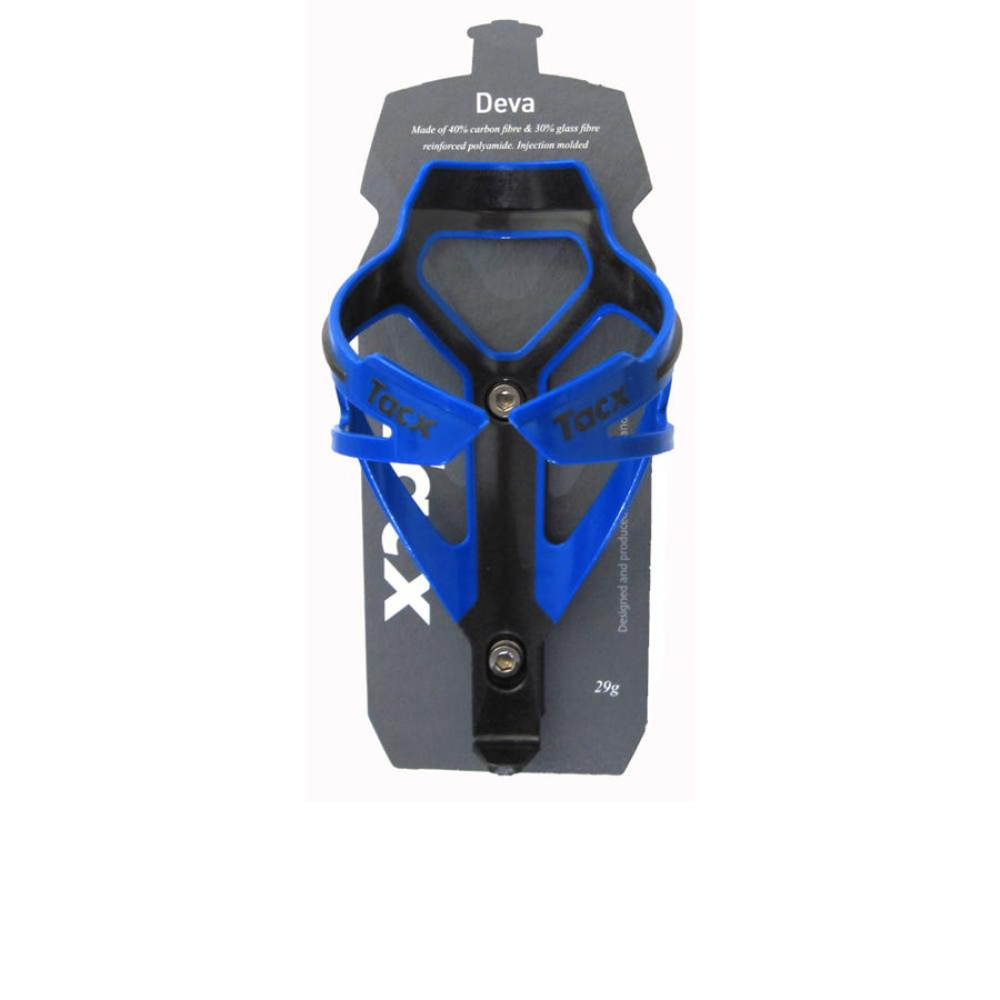 Tacx Flaschenhalter Deva blau-schwarz auf Verpackung, 29g, aus Carbon- und Glasfaser-Polyamid.