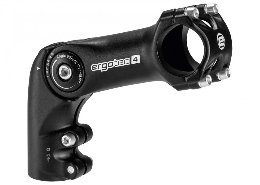 Ergotec OCTOPUS 2 XL Ahead Fahrradvorbau, schwarz, winkelverstellbar mit deutlicher Skala und Drehmomentangaben.