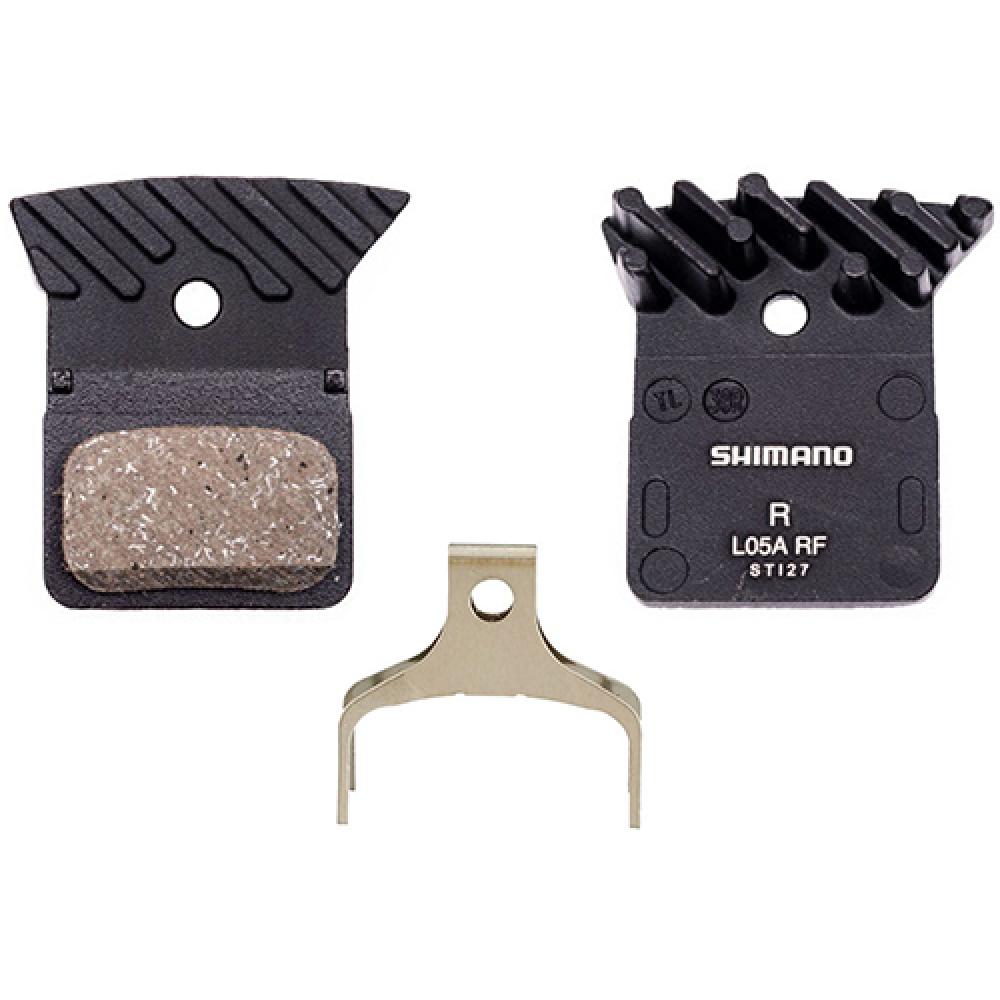 Shimano L05A Resin Scheibenbremsbeläge Typ L mit Kühlrippen und Feder für Fahrrad-Scheibenbremsen.