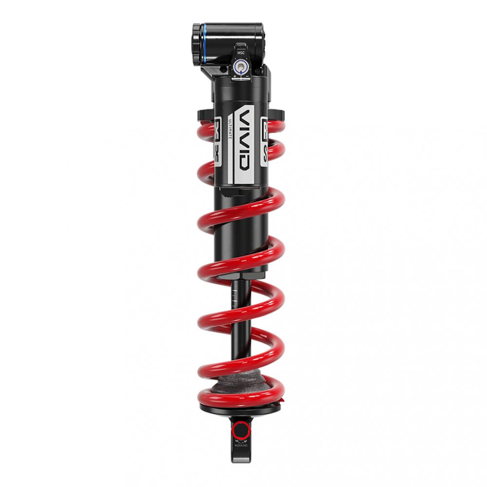 RockShox Vivid Coil Ultimate DH Dämpfer mit roter Feder auf weißem Hintergrund.