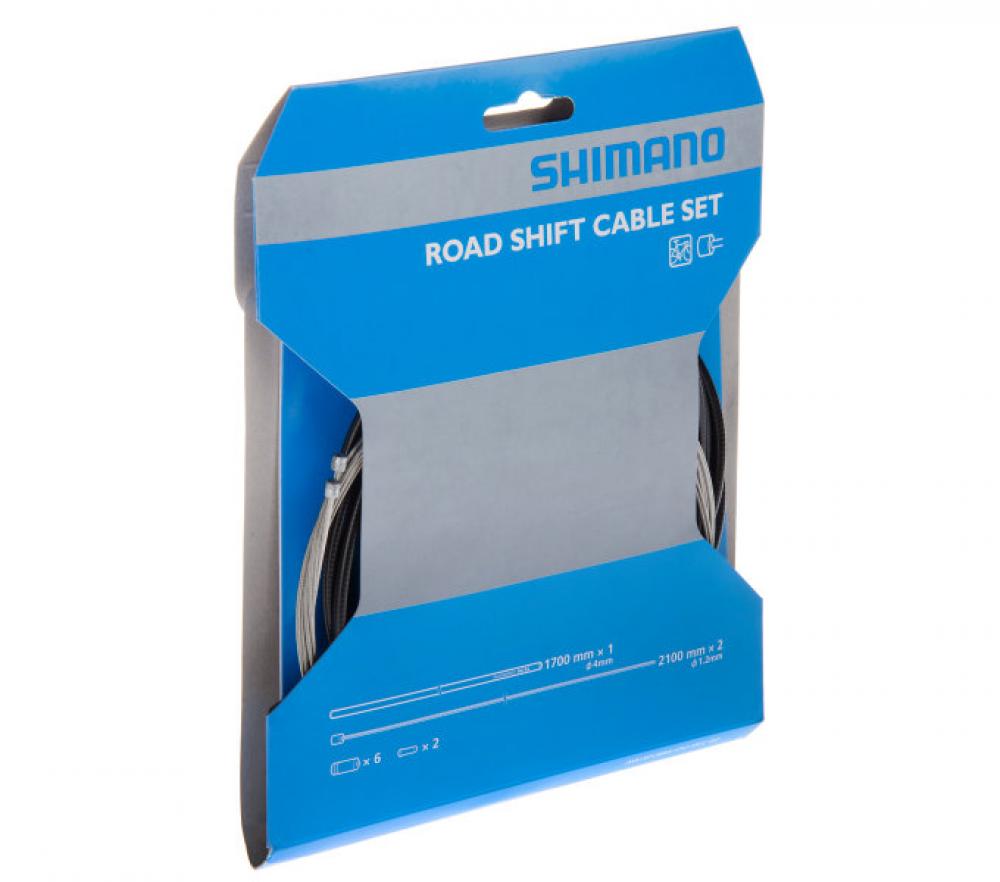 Shimano 1x Schaltzugset Road aus Stahl in blauer Verpackung mit schwarzen Außenhüllen und silbernen Zügen.