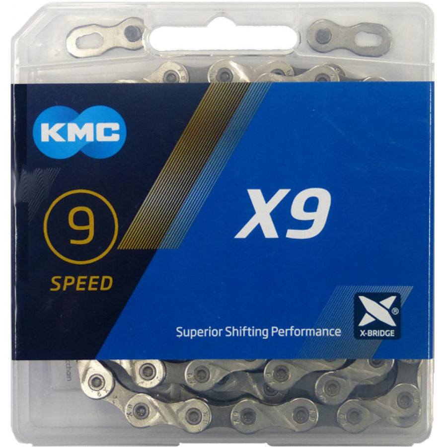 KMC - Fahrradkette X9 Silber/Grau - 9-fach - 1/2\" x 11/128\" - 114 Glieder - 6,6mm - hohe Haltbarkeit - präzise Schaltvorgänge - für Shimano, SRAM & Campagnolo geeignet