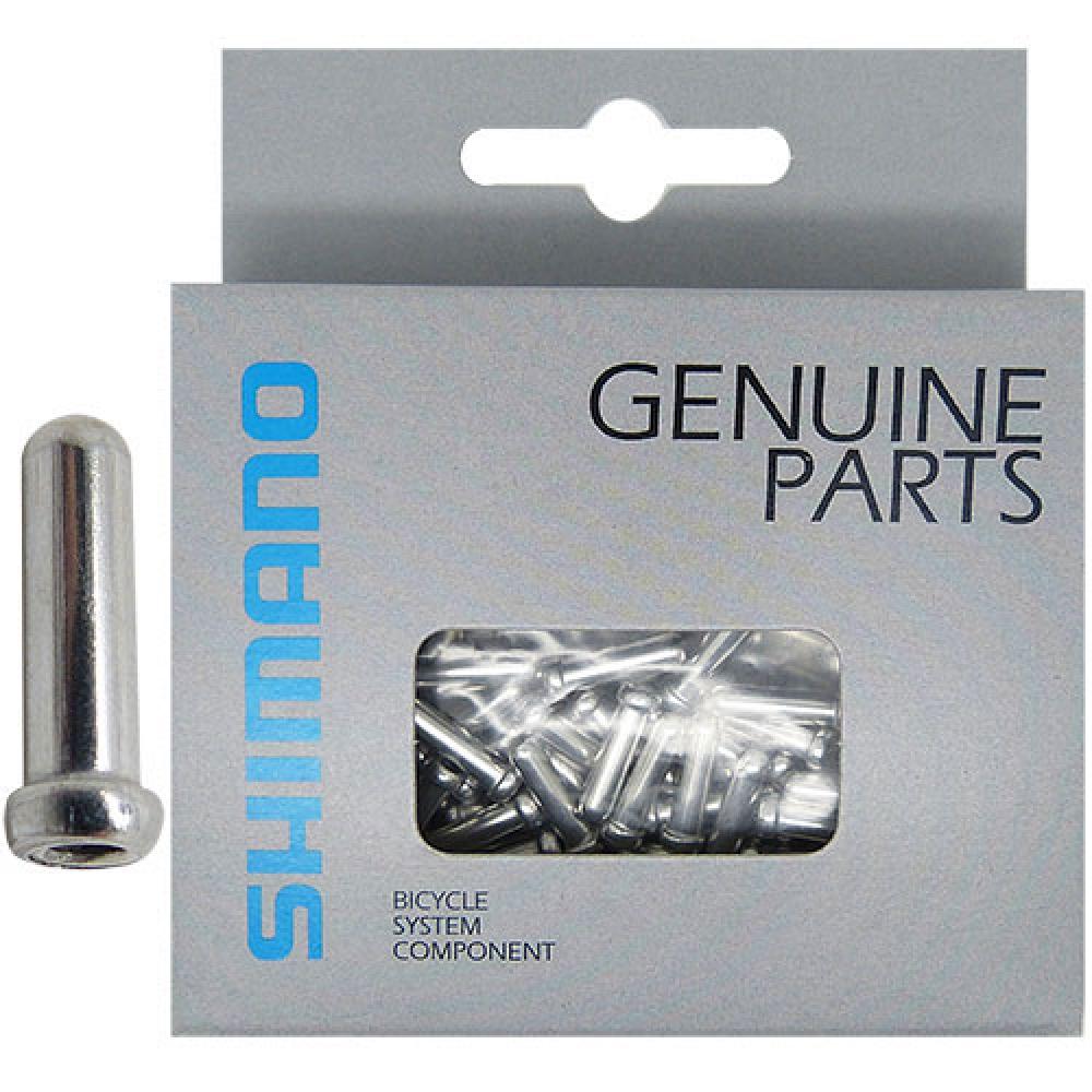 100 Shimano Endkappen für 1,6 mm Bremszüge in grauer Originalverpackung mit Sichtfenster und Einzelkappe daneben.