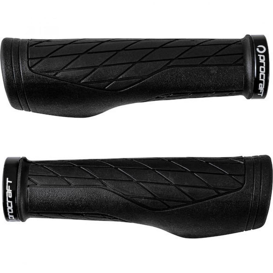 Procraft Lenkergriff Comfort Pro 132 mm, schwarze ergonomische Fahrradgriffe mit Rautenmuster und Klemmringen.
