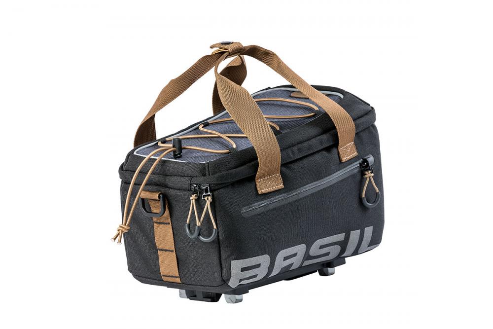 Basil Miles MIK 2.0 Gepäckträgertasche, schwarz, 7L, wasserfest, mit Tragegriffen und Gummizug oben.