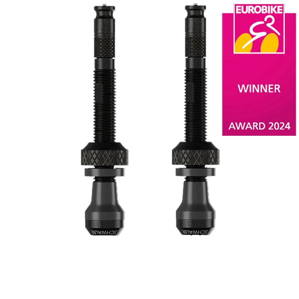 Schwarze Schwalbe TUBELESS CLIK VENTILE SCV 80mm, Eurobike Award 2024 Gewinner, für einfaches Aufpumpen.