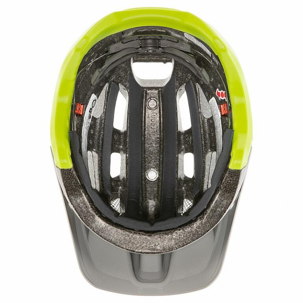 uvex finale 2.0 MTB-Helm 56-61cm, rhino-neon yellow matt, Draufsicht mit Innenpolsterung und Anpassungssystem.