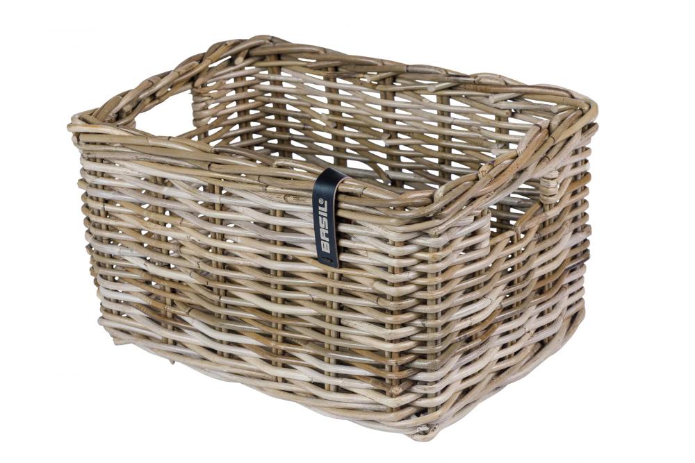 Basil Dax L Vorderradkorb aus grauem Rattan, handgeflochten, 35x47x27 cm, ohne Deckel, Traglast max. 5 kg.