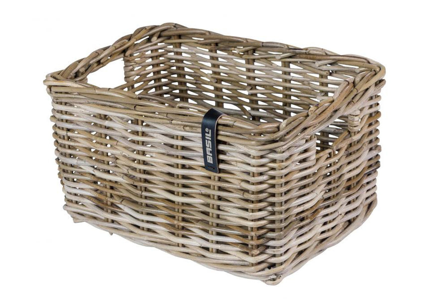 Basil Dax L Vorderradkorb aus grauem Rattan, handgeflochten, 35x47x27 cm, ohne Deckel, Traglast max. 5 kg.