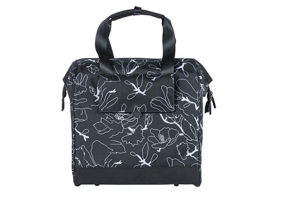 Schwarze Basil Grand Flower Shoppertasche mit weißem Blumenmuster und Hook On-System für Fahrrad, 23l.