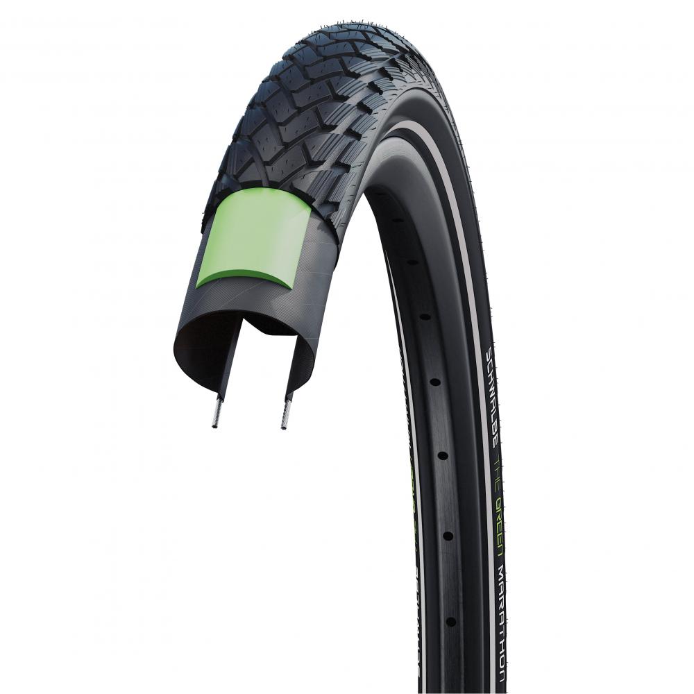Schwalbe Marathon Fahrradreifen Querschnitt: GreenGuard Pannenschutz, schwarz, Reflexstreifen, E-50 E-Bike Drahtreifen.