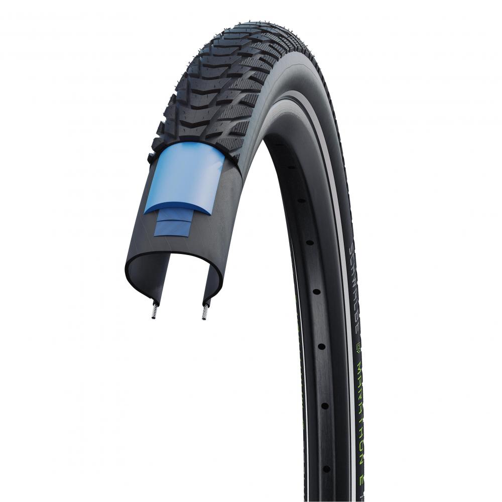 Schwalbe Marathon E-Plus E-Bike Reifen schwarz Reflex. Querschnitt zeigt mehrfachen Pannenschutz.