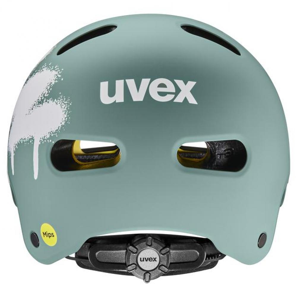 uvex kid 4 style MIPS Fahrradhelm hinten, matt salbeigrün mit weißem Spray-Design, Größe 55-58.