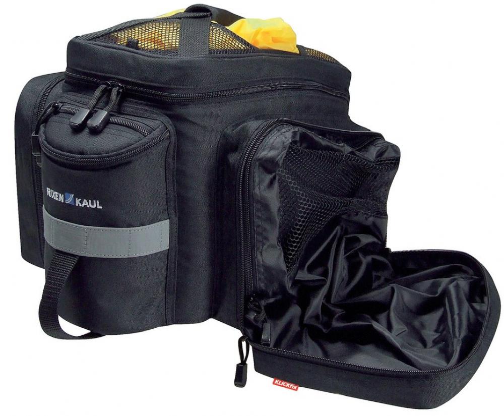 Rixen & Kaul Rackpack 2 Plus schwarze Fahrrad-Gepäckträgertasche für Racktime mit offenem Fach und Reflektor.