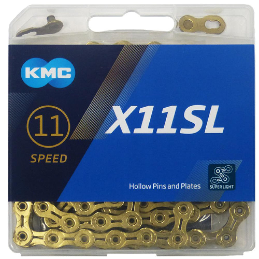 KMC X11SL Ti-N Gold 11-fach Fahrradkette in der Verpackung, superleicht mit Hohlbolzen und Platten.