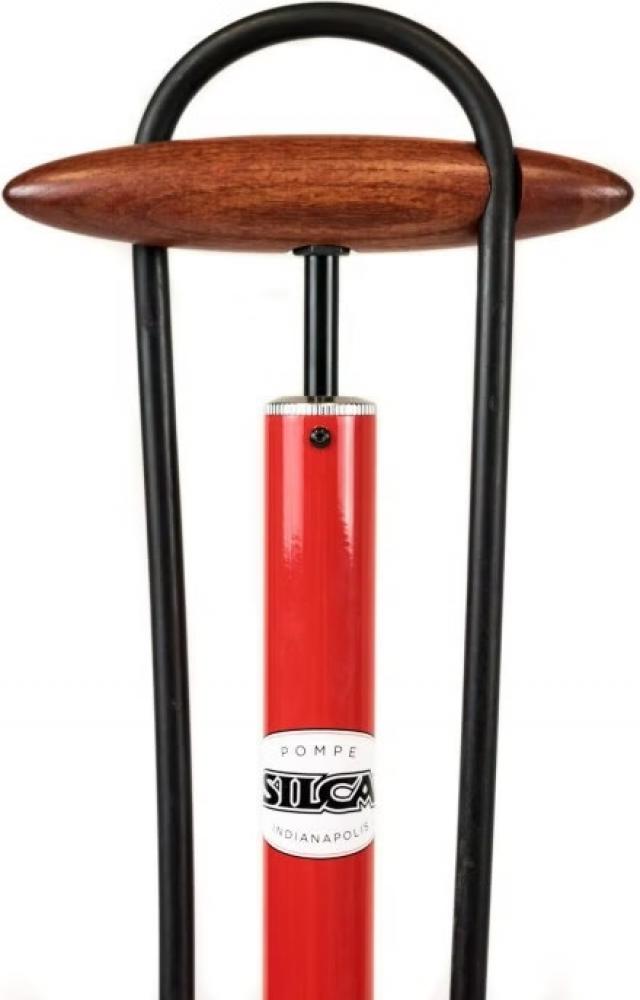 SILCA Pista Standpumpe Rot  Hochdruck-Standpumpe mit Stahlzylinder, Eschenholzgriff, Lederkolbendichtung, bis 15 bar, für Presta/Schrader-Ventile, inkl. Manometer