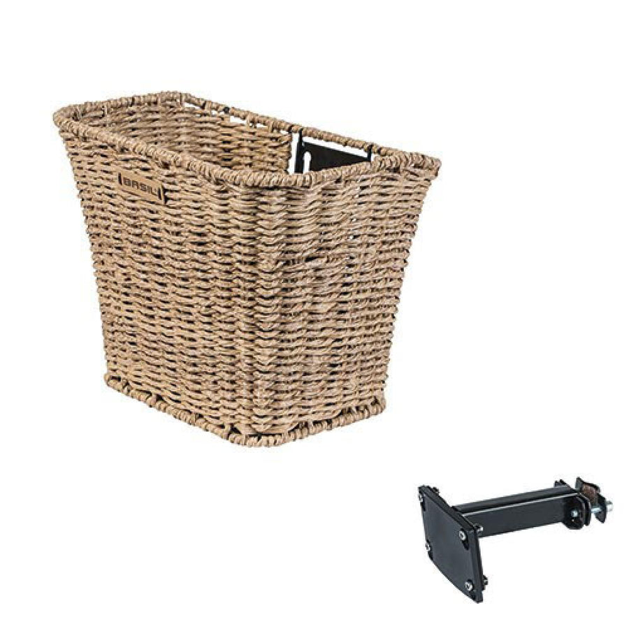Basil Fahrrad-Vorderradkorb Bremen FM aus Seegras mit schwarzer Halterung.