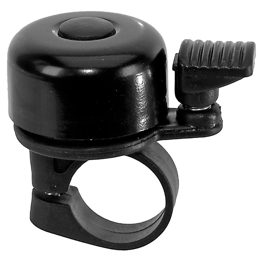 Schwarze M-Wave Bella Mini Fahrradklingel aus Stahl mit Lenkerschelle