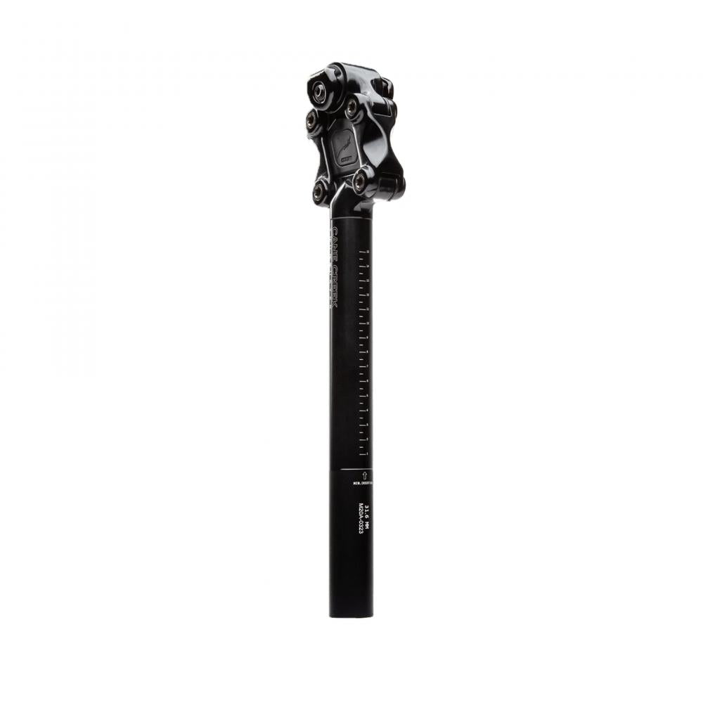 Schwarze Cane Creek Thudbuster G4 ST Sattelstütze 30,9mm mit 50mm Federweg, Parallelogramm-Mechanik, E-Bike geeignet.