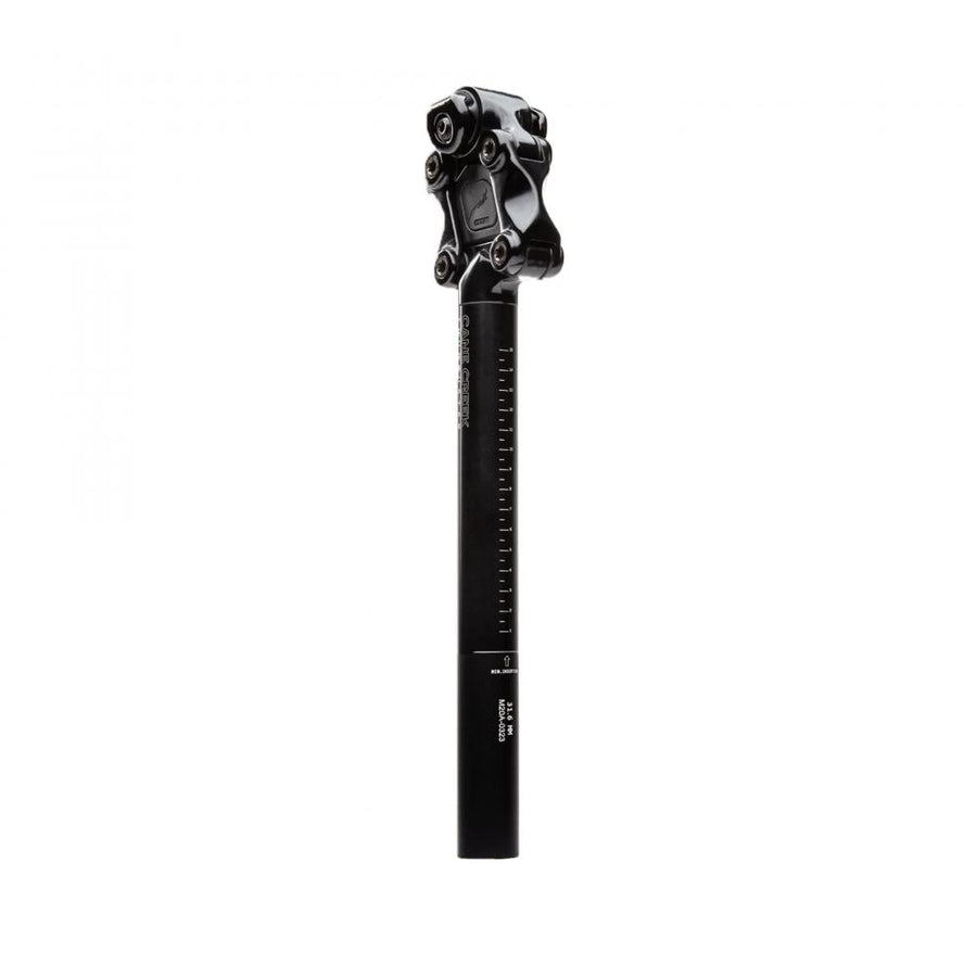 Schwarze Cane Creek Thudbuster G4 ST Sattelstütze 30,9mm mit 50mm Federweg, Parallelogramm-Mechanik, E-Bike geeignet.