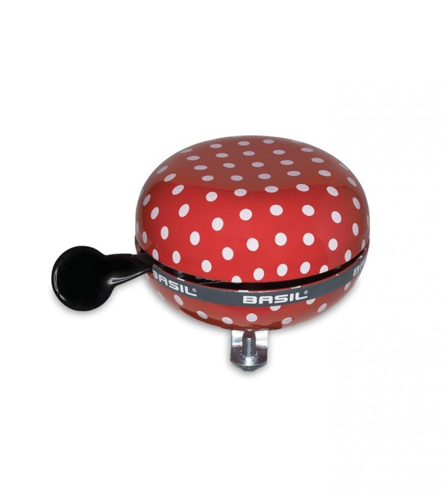 Basil Ding-Dong Fahrradklingel Polka Dot 80 mm - Rot mit weißen Punkten - 2-Klang Metall Glocke auf SB-Karte