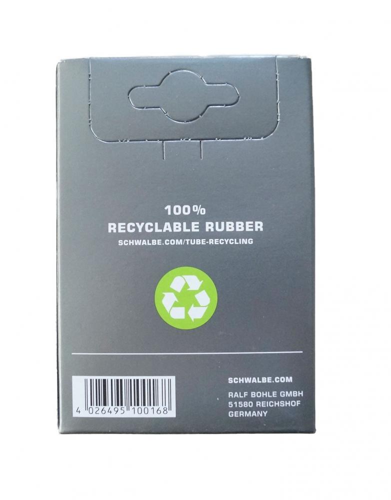 Schwalbe Fahrrad-Set Rückseite: 2x Schlauch AV7 20 Zoll, Reifenheber, Easy Fit. Verpackung mit Recycling-Symbol.
