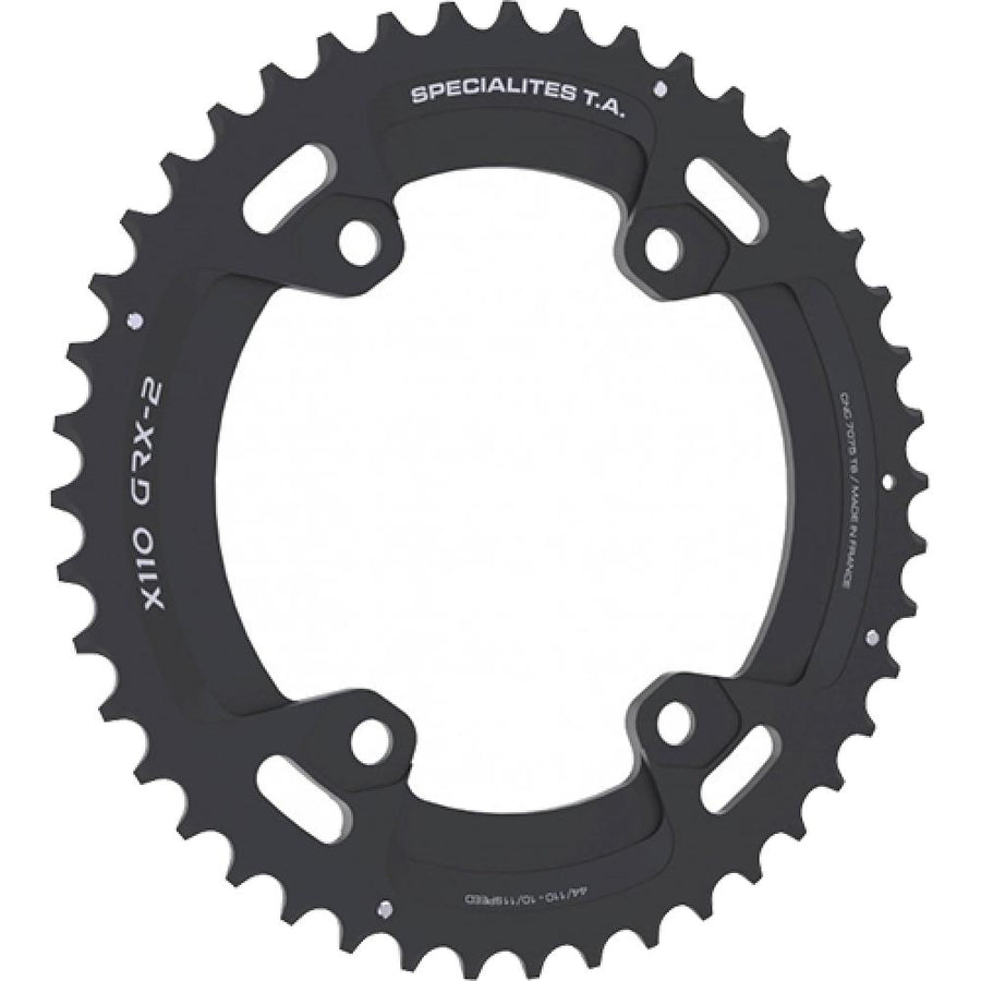 Schwarzes TA X110 GRX-2 Gravel Kettenblatt mit 44 Zähnen für 10/11-fach Schaltungen.