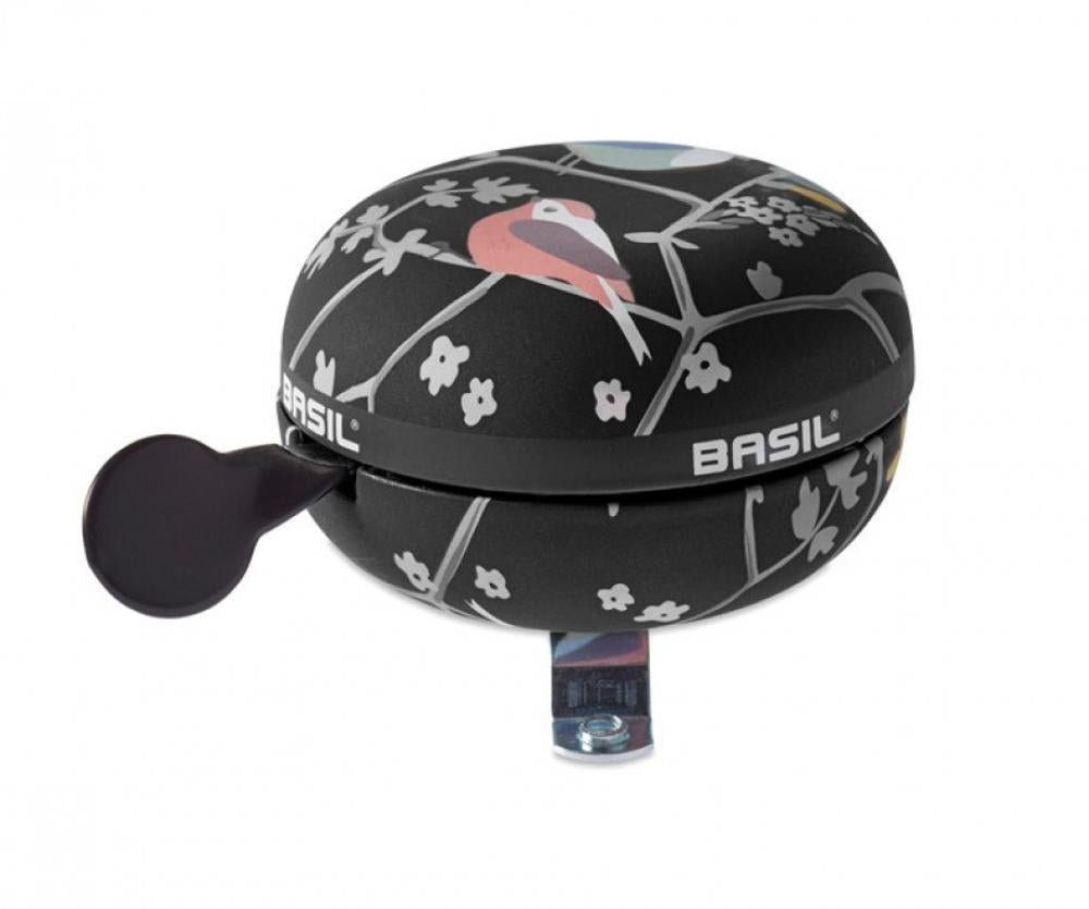 Basil Ding-Dong Fahrradklingel Wanderlust charcoal Ø 80mm mit dekorativem Vogel- und Blumenmuster.
