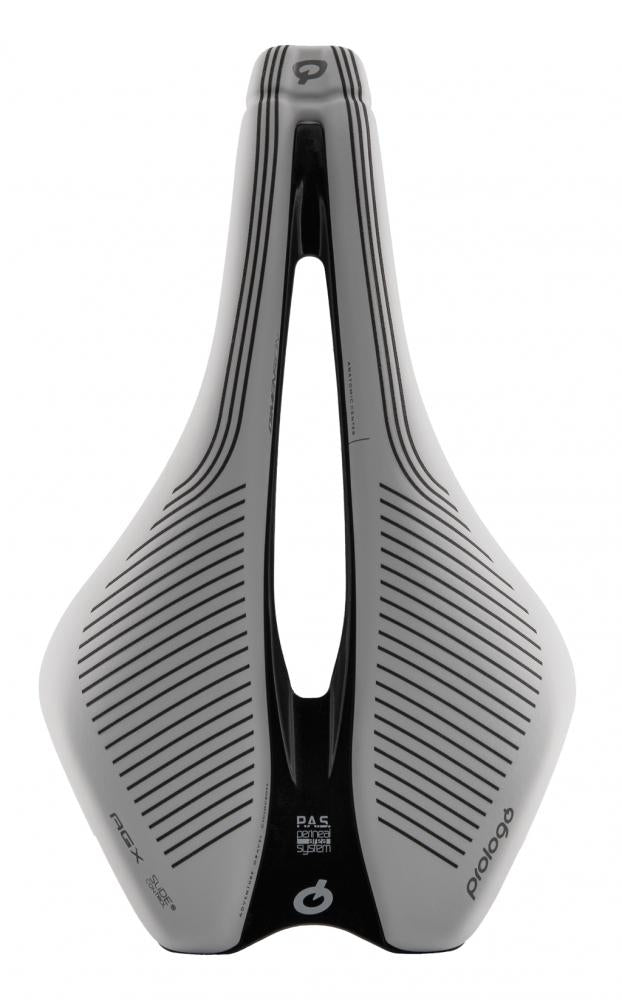 Prologo Dimension AGX Fahrradsattel hellgrau mit PAS System und Slide Control, von oben gesehen.