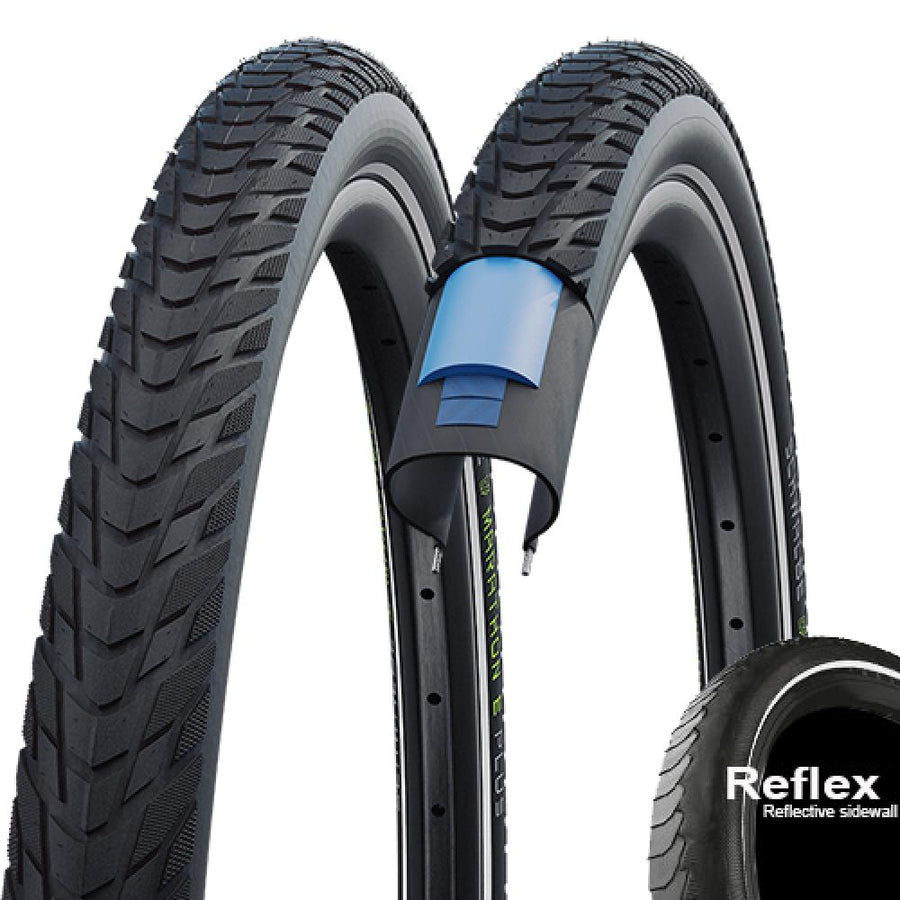 Schwalbe Marathon E-Plus Fahrradreifen 28 Zoll für E-Bikes bis 50 km/h, mit Reflexstreifen und Pannenschutz.
