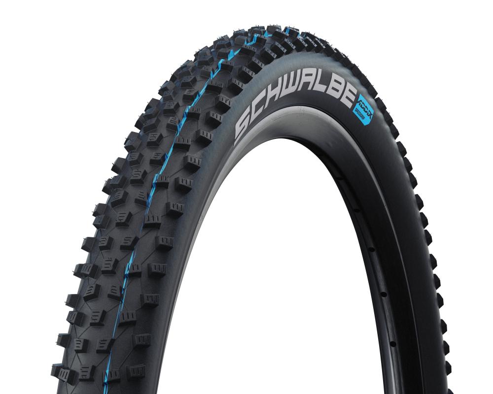 Schwalbe Rocket Ron 27.5" Mountainbike Reifen schwarz faltbar mit Addix Speedgrip und blauen Profilstreifen.